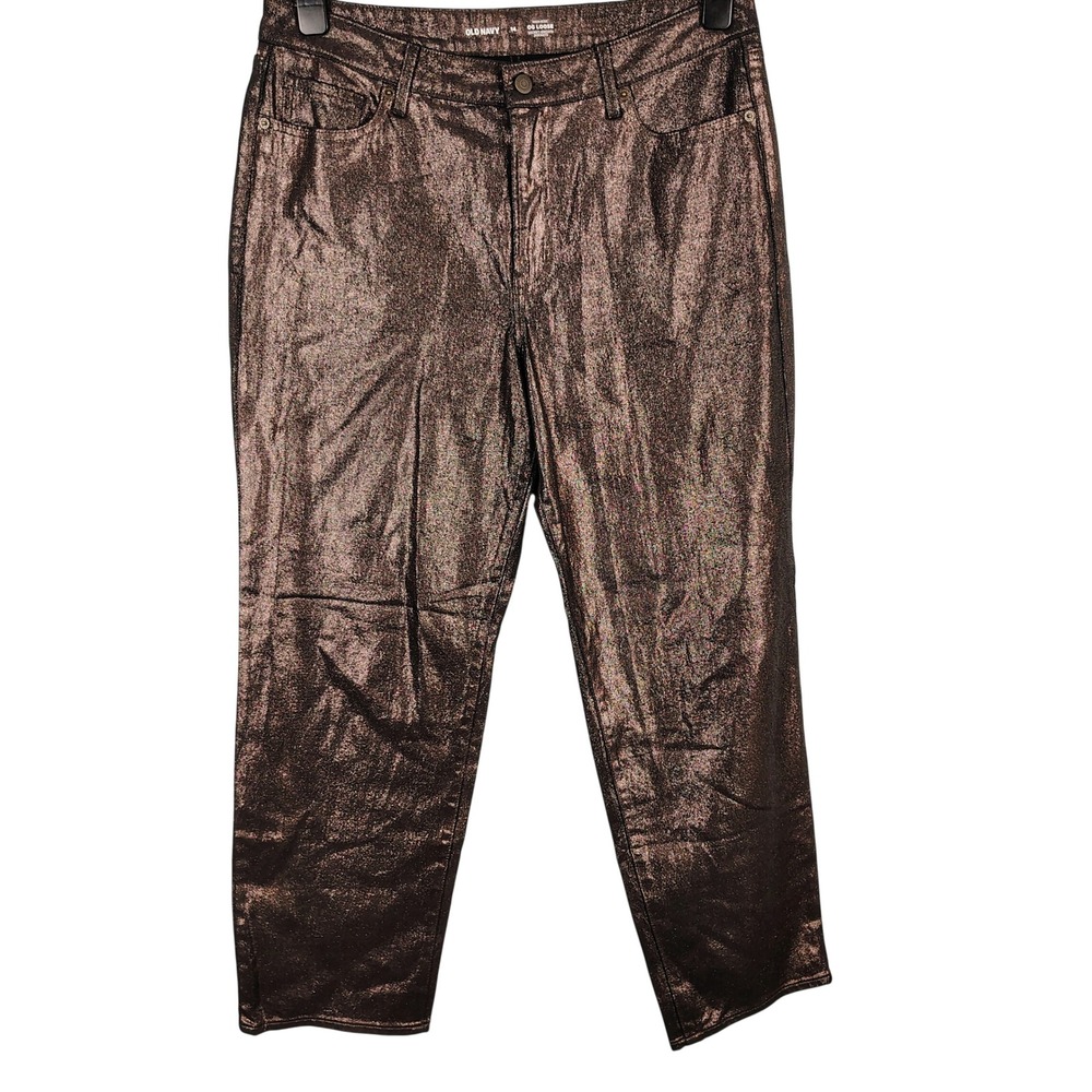 Old Navy Womens SZ 14 OG Loose High Rise Metallic Bronze Coated Jeans Party Glam